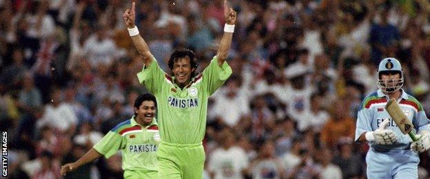 Pakistan captain Imran Khan celebrates a World Cup win over England in 1992