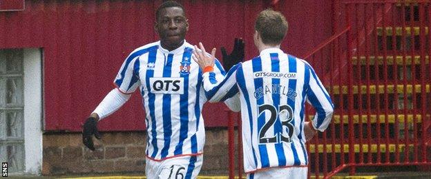 Tope Obadeyi is congratulated by Kilmarnock team-mate Chris Chantler for scoring the opening goal