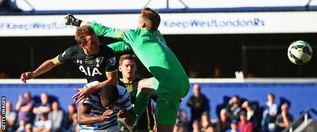 Harry Kane beats QPR goalkeeper Rob Green to the ball to give Tottenham the lead