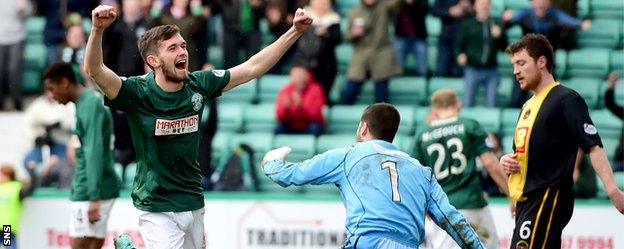 Sam Stanton celebrates after scoring for Hibs