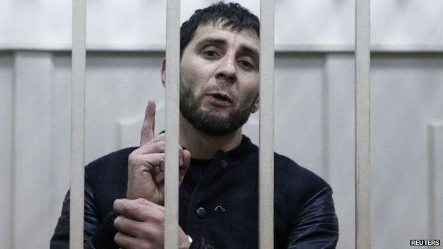 Zaur Dadayev, charged with involvement in the murder of Boris Nemtsov, inside a defendants' cage in Moscow, Russia, 8 March 2015