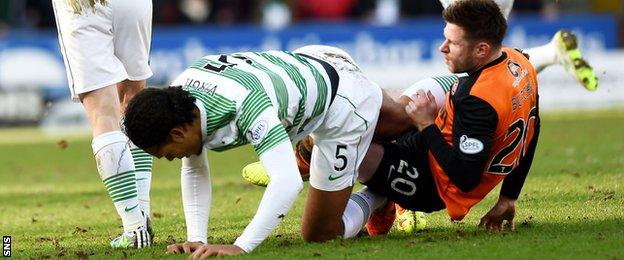 Virgil van Dijk and Calum Butcher clash