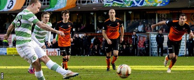 Leigh Griffiths slams a penalty at the United goal but Radoslaw Cierzniak saves