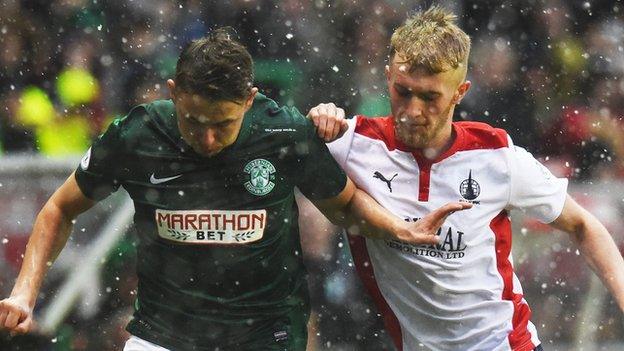 Hibernian's Scott Allan (left) holds off Falkirk's Craig Sibbald