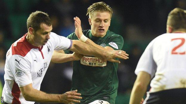 Falkirk's David McCracken challenges Hibernian's Jason Cummings