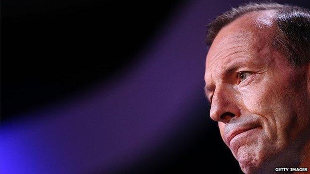 Prime Minister Tony Abbott looks on during his speech on National Security at the Australian Federal Police headquarters on February 23, 2015 in Canberra,