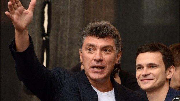 Boris Nemtsov and Ilya Yashin at an anti-Putin rally on 15 September 2015