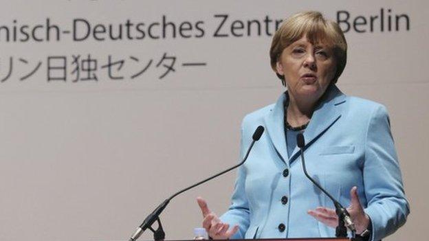 Germany's Chancellor Angela Merkel speaks during a lecture meeting at Asahi Shimbun headquarters in Tokyo, Monday, 9 March 2015