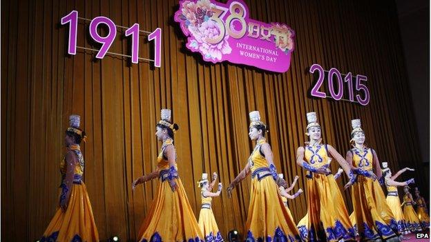 A picture made available on 08 March 2015 of dancers performing a Mongolian traditional dance during a reception to celebrate International Women's Day in Beijing, China, 06 March 2015.