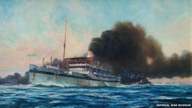 The Smoke Screen : Destroyers throwing a smoke screen around Hospital Ship "Karapara" after Hospital Ship "Dover Castle" had been torpedoed by an enemy submarine