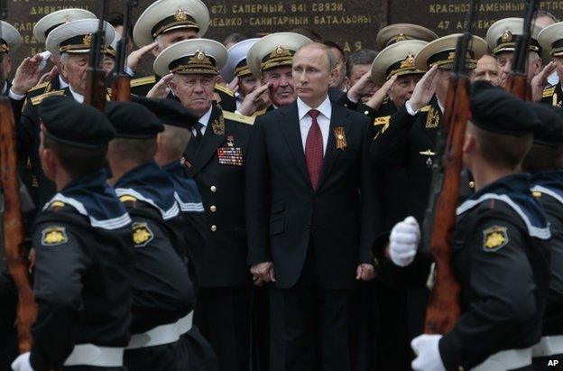 Vladimir Putin at a Victory Day parade in Sevastopol, Crimea, 9 May 2014