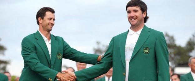 Adam Scott congratulates Bubba Watson on his 2014 Masters win