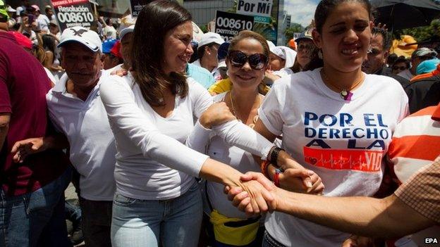 Venezuelan opposition leader, former legislator Maria Corina Machado (C), participates in a march called by the opposition to demand the annulment of a norm that allows Armed Forces to use force to control demonstrations, in Caracas, Venezuela, 08 March 2015