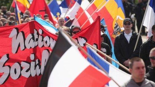 Supporters of the far-right NPD political party prepare to march on 1 May, 2014