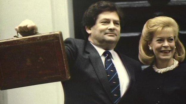 Nigel Lawson with his wife Therese before delivering the 1997 Budget