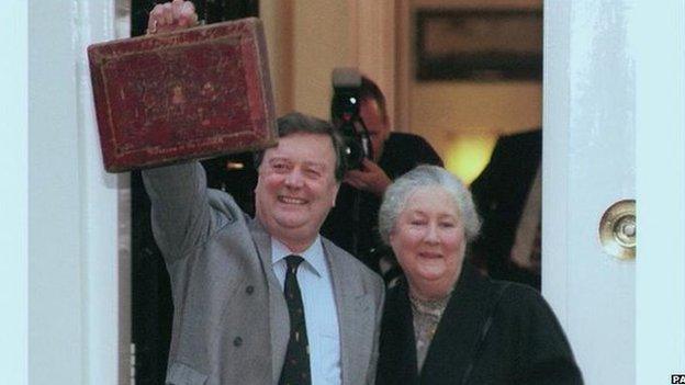 Kenneth Clarke and his wife Gillian outside No 11 Downing Street before delivering his Budget on 26 November 1996