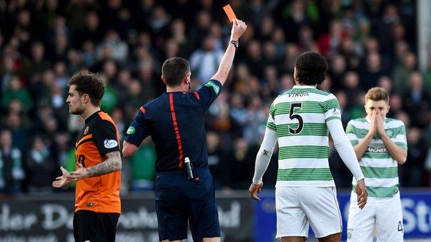 Two Dundee United and one Celtic player were sent off in Sunday's 1-1 Scottish Cup draw.