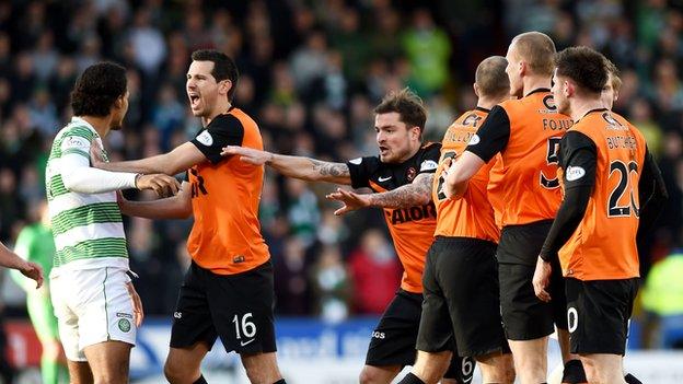 Dundee United's Ryan McGowan said Celtic have earned soft penalties this season.