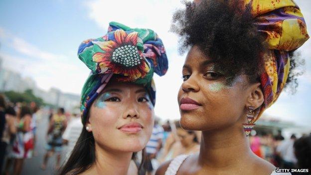 Marchers in Rio de Janeiro celebrating international woman's day 9 March 2015