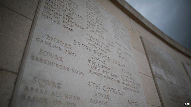 Panels engraved with the names of Indian soldiers at The Indian memorial to the missing in Neuve-Chapel