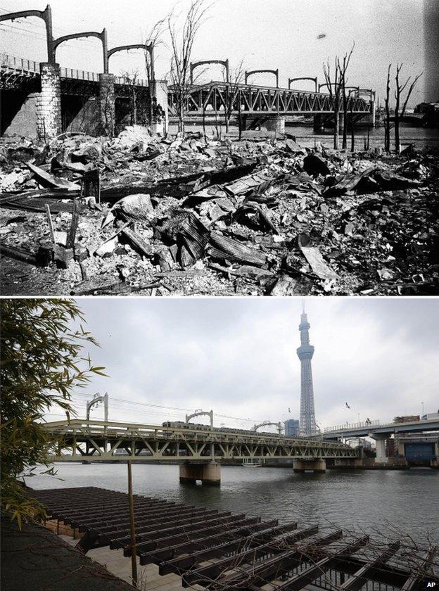 This combo of two photos shows initial destruction and reconstruction after the 10 March 1945 firebombing. The top photo taken on 19 March 1945 shows an incendiary bomb-devastated area and Sumida-gawa Bridge after Tokyo firebombing. The bottom photo taken 70 years later on 7 March 2015, shows trains run over Sumida-gawa Bridge with Japan's tallest building "Tokyo Skytree" in Tokyo