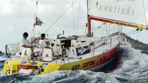 French skippers Jean Le Cam (L) and Florence Arthaud arrive in Saint Barthelemy in second position 12 May 1996