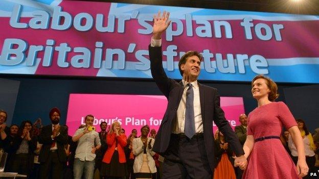 Ed Miliband and his wife Justine on stage after his speech to the 2014 Labour Party conference