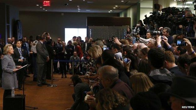 Former US Secretary of State Hillary Clinton speaks during a press conference at the United Nations in New York 10 March 2015