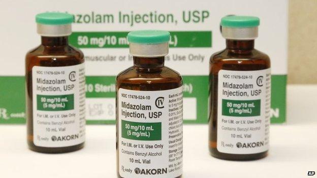 File photo: Bottles of the sedative midazolam at a hospital pharmacy in Oklahoma City, 25 July 2014