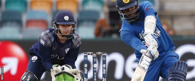 Angelo Mathews bats during his 51 against Scotland