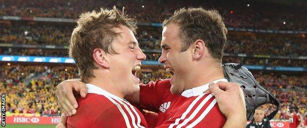 Jonathan Davies and Jamie Roberts celebrate after the British & Irish Lions's series win in Australia in 2013