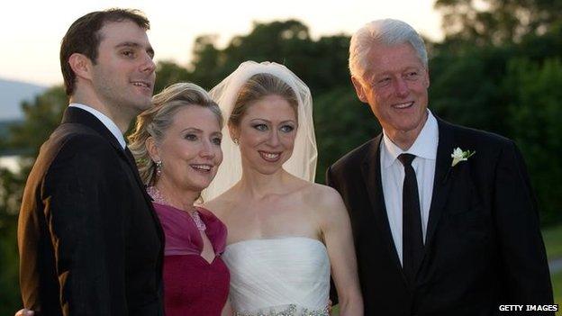 In this handout image provided by Barbara Kinney, (Left to Right) Marc Mezvinsky, US Secretary of State Hillary Clinton, Chelsea Clinton and former US President Bill Clinton pose during the wedding of Chelsea Clinton and Marc Mezvinsky in Rhinebeck, New York July 2010