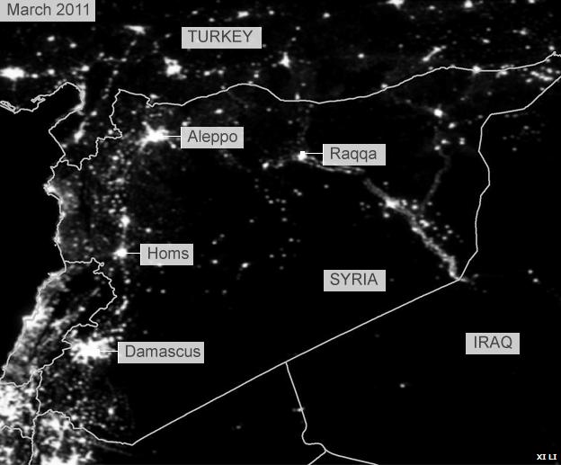 Lights visible over Syria at night in March 2011