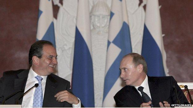 Costas Karamanlis with Vladimir Putin in Moscow in April 2008