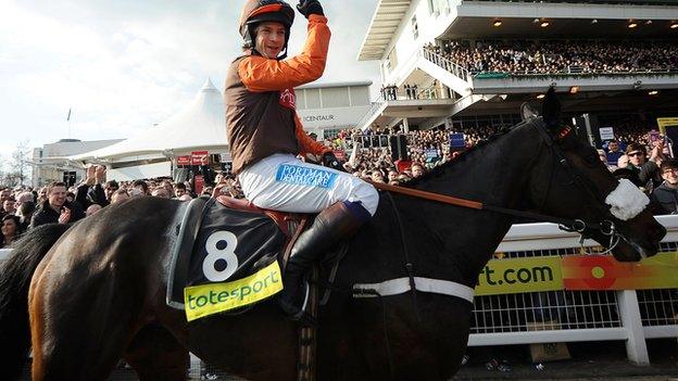 Sam Waley-Cohen celebrates winning the 2011 Cheltenham Gold Cup aboard Long Run