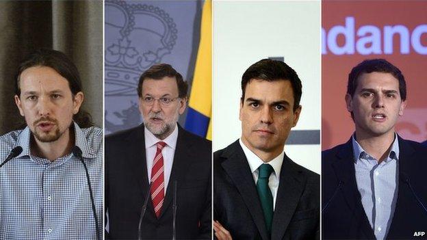 (L to R) Leader of Podemos, Pablo Iglesias, Spanish Prime Minister, Mariano Rajoy, Secretary general of Spanish Socialist Party (PSOE) Pedro Sanchez, and President of centre right party Ciudadanos (Citizens) Albert Rivera