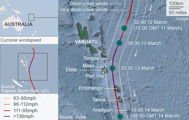 Cyclone Pam's path