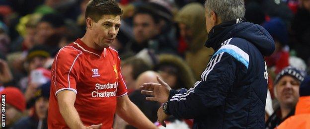 Steven Gerrard shales Jose Mourinho's hand