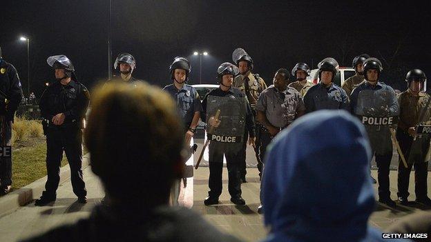 Ferguson police face off against protesters on 11 March, 2015.