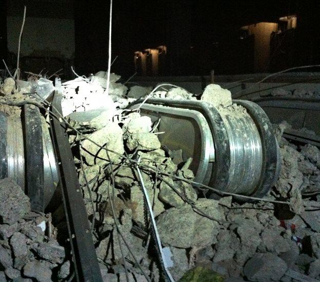 Rubble across the escalators that once fed the bus station concourse