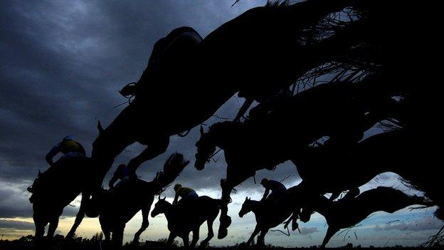 Horses jump a fence at the Cheltenham Festival