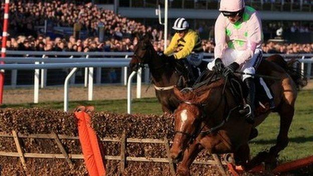 Annie Power and Ruby Walsh (r) falling at the last