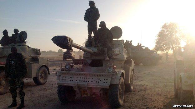 Soldiers of the Chadian army on January 21, 2015, at the border between Nigeria and Cameroon