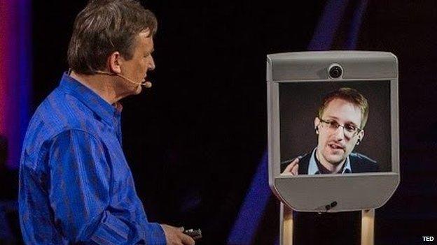 Chris Anderson, TED curator, interviewing Edward Snowden via video link