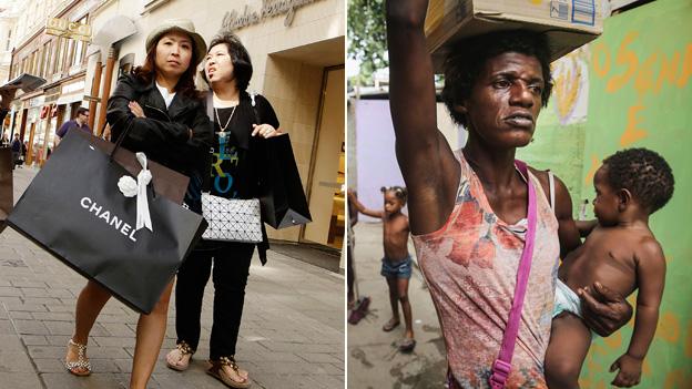 shoppers and slum dweller