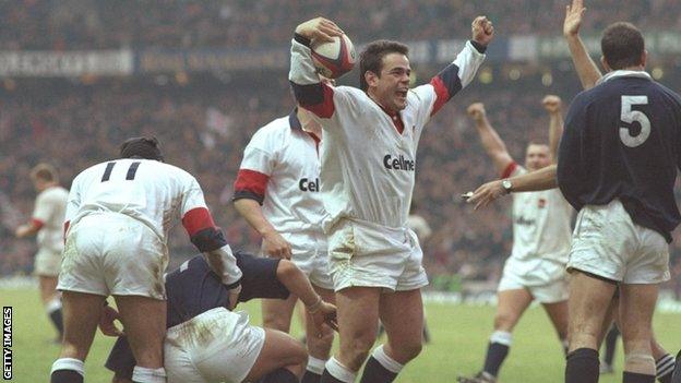 Will Carling celebrates scoring against Scotland in 1997