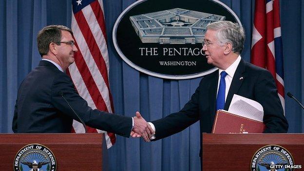 US secretary of defence, Ashton Carter, shakes hands with Britain's defence minister, Michael Fallon