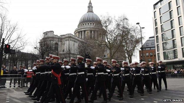 Royal Marines marching near St Paul's Cathedral