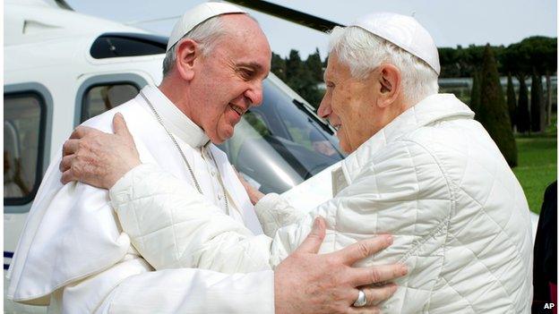 Pope Francis meets Pope emeritus Benedict XVI in Castel Gandolfo on 23 March 2013