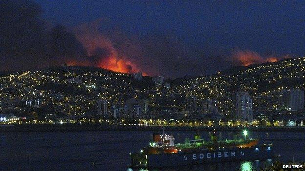 Forest fires seen on outskirts of Valparaiso, Chile. 14 March 2015